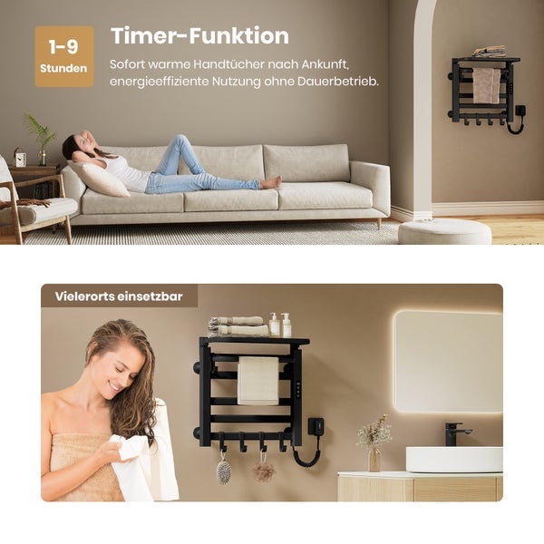 EMKE WIFI Pure Elektrischer Handtuchheizkörper mit Regal und Hakenhalter, 50×50×25 cm, Schwarz