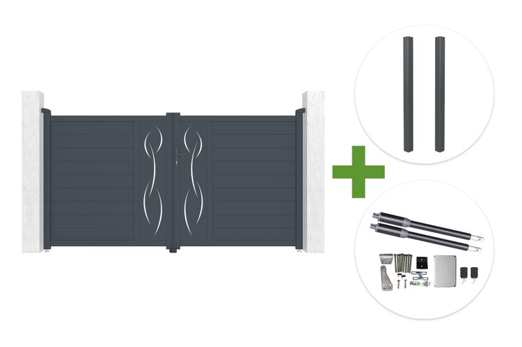 Doppelflügeltor aus Aluminium in Anthrazit mit dekorativem Muster, inklusive zwei Zaunpfosten und elektrischem Torantrieb-Set.