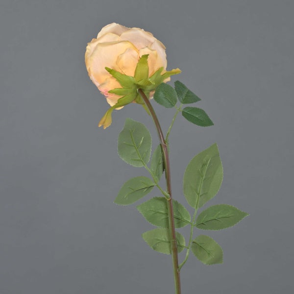 Künstliche Rose aus Textil und Kunststoff mit Stiel und Blättern.