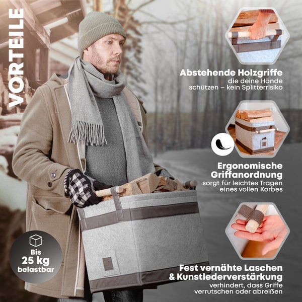 OAKAGE® FireMaster Hellgrau Holzkorb Filz - Einhängbarer Zündholzkorb - 42x32x35cm