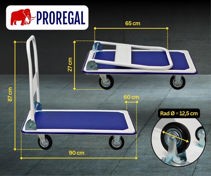 PROREGAL Faltbarer Transportwagen RHINO HxBxT 87 x 90 x 60 cm Tragkraft 300 kg TPE-Bereifung Rad-Ø 12,7 cm Blau-Grau