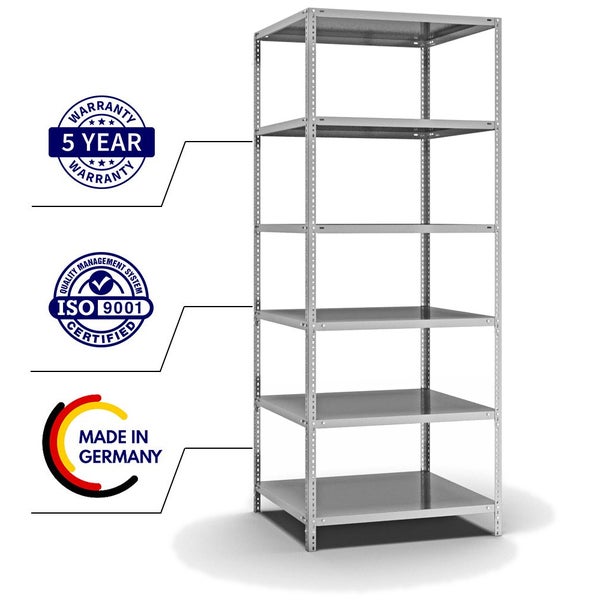 PROREGAL Fachbodenregal Schraubsystem Medium-Duty Grundregal HxBxT 250 x 100 x 80 cm 6 Ebenen Fachlast 200 kg Beidseitig Nutzbar Verzinkt