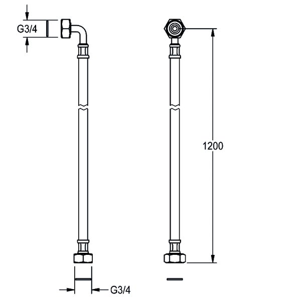 Maßzeichnung eines Zulaufschlauchs mit 1200 Millimetern Länge, G 3/4 Zoll Anschlüssen und einem 90 Grad Bogen.