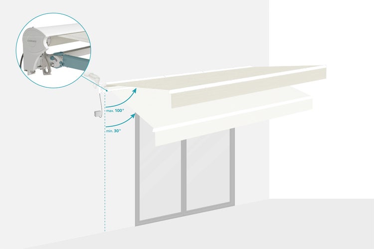 Ansicht einer Markise mit einem Neigungswinkel von maximal 100 Grad und minimal 30 Grad.