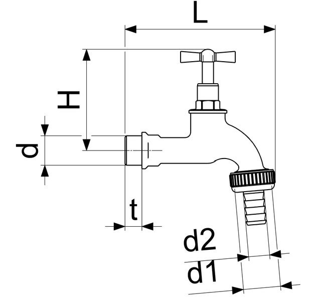 Technische Zeichnung eines Wasserhahns mit Maßangaben für Länge, Höhe und Gewindedurchmesser.