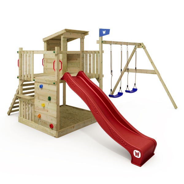 WICKEY Spielturm Klettergerüst Smart Cabin mit Schaukel und Rutsche, Stelzenhaus mit Sandkasten, Kletterwand und Spiel-Zubehör - rot