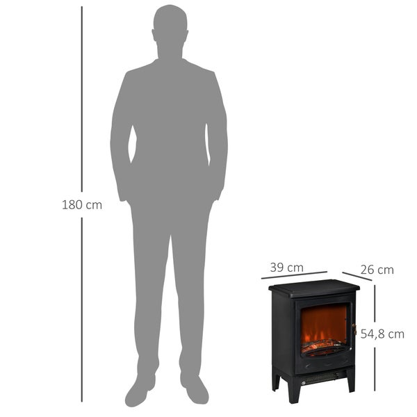 Elektrischer Kaminofen im Größenvergleich zu einer Person von 180 Zentimetern. Breite 39, Tiefe 26, Höhe 54,8 Zentimeter.