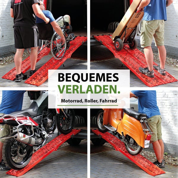 Vier Bilder zeigen die Anwendung einer faltbaren Laderampe zum Beladen von Rollstühlen, Sackkarren, Motorrädern und Rollern in einen Transporter.