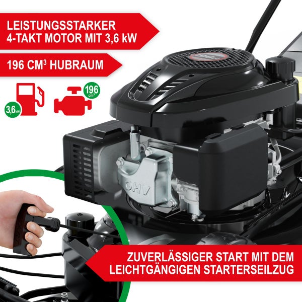 4-Takt-Motor für Rasenmäher mit 3,6 Kilowatt, 196 Kubikzentimeter Hubraum und einem leichtgängigen Starterseilzug.