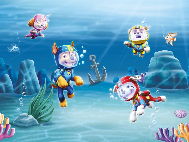 Illustration der Paw Patrol Unterwasserwelt mit den animierten Welpen in Tauchausrüstung