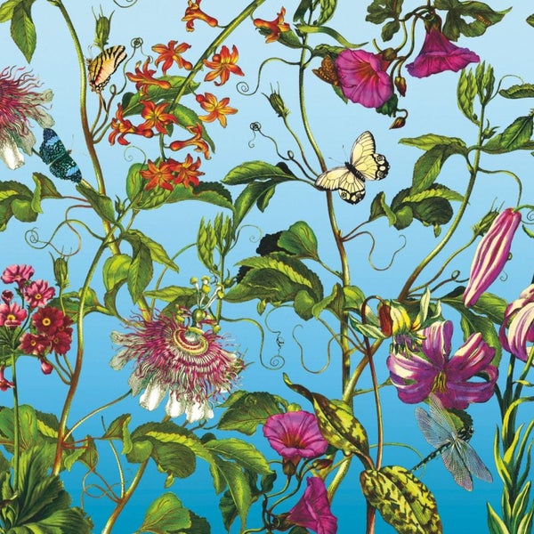 Abbildung eines blumigen Musters mit Pflanzen, Blüten, Schmetterlingen und Libellen