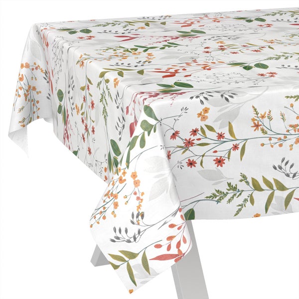 Eckige Tischdecke mit filigranem Blumenmuster und Blättermotiv für den Innenbereich und Außenbereich.