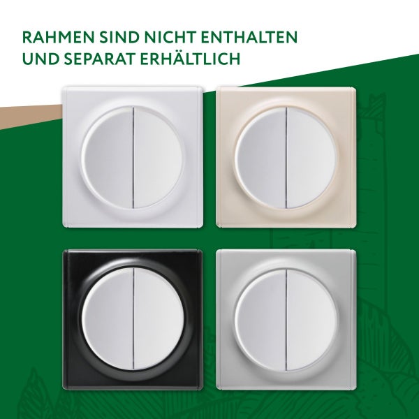 Vier verschiedene Wippschaltereinsätze für Unterputzinstallation, Rahmen nicht enthalten und separat erhältlich.