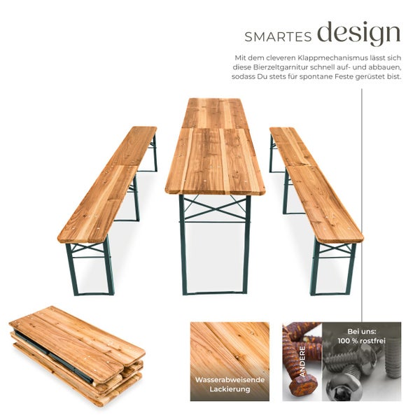 Bierzeltgarnitur aus Holz mit Klappmechanismus und wasserabweisender Lackierung