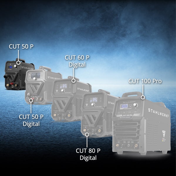 Fünf STAHLWERK Plasmaschneider der Modelle CUT 50 P, CUT 50 P Digital, CUT 60 P Digital, CUT 80 P Digital und CUT 100 Pro.