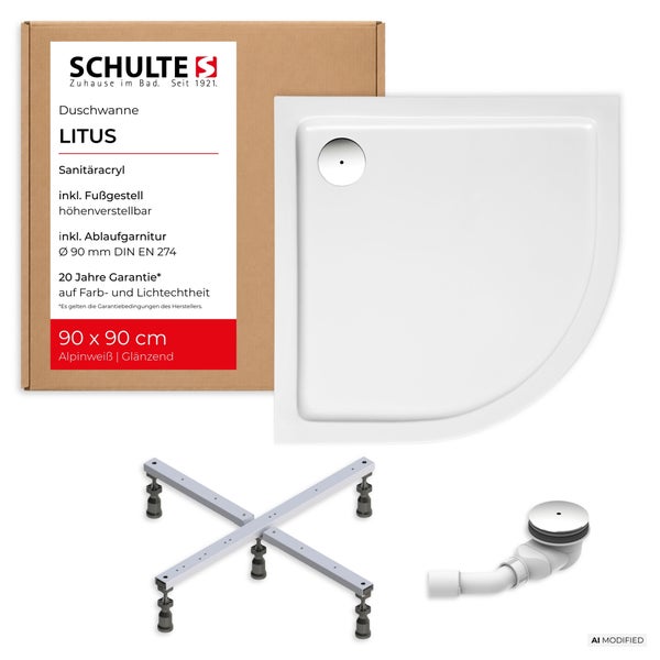 Schulte Litus Duschwanne 90 mal 90 Zentimeter aus Sanitäracryl inklusive höhenverstellbarem Fußgestell und Ablaufgarnitur