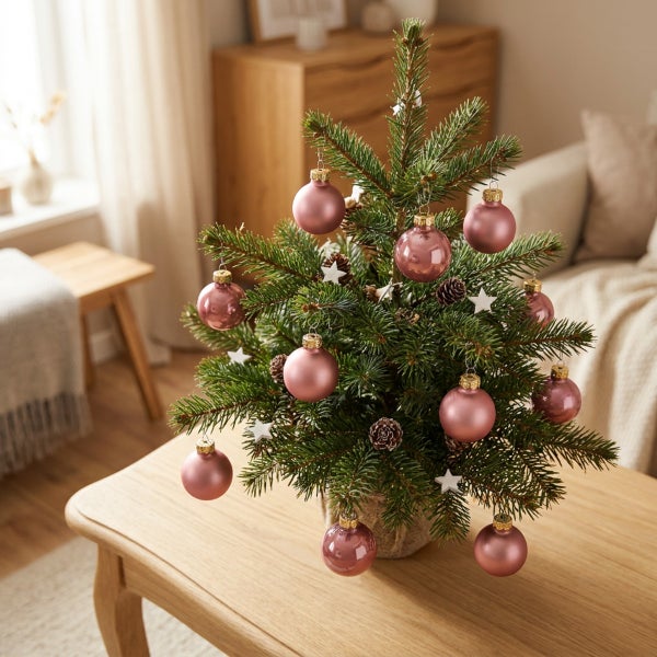 Ein geschmückter kleiner Weihnachtsbaum mit rosa Kugeln und Sternen auf einem Holztisch in einem gemütlichen Wohnzimmer.