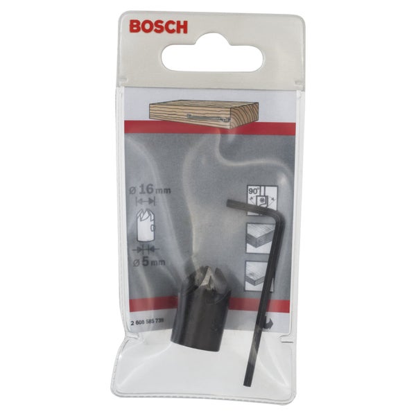 Bosch Logo. Forstnerbohrer-Set mit Durchmesser 16 Millimeter und Innensechskantschlüssel in Verpackung.