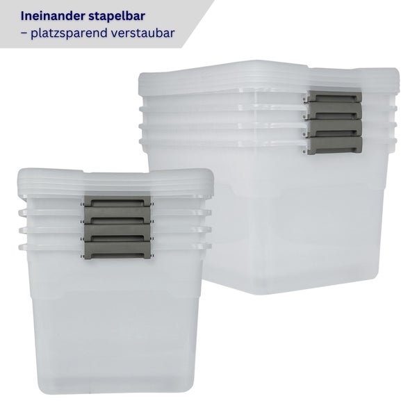 Zwei durchsichtige Aufbewahrungsboxen aus Kunststoff mit Deckel und Schnappverschlüssen zur platzsparenden Aufbewahrung