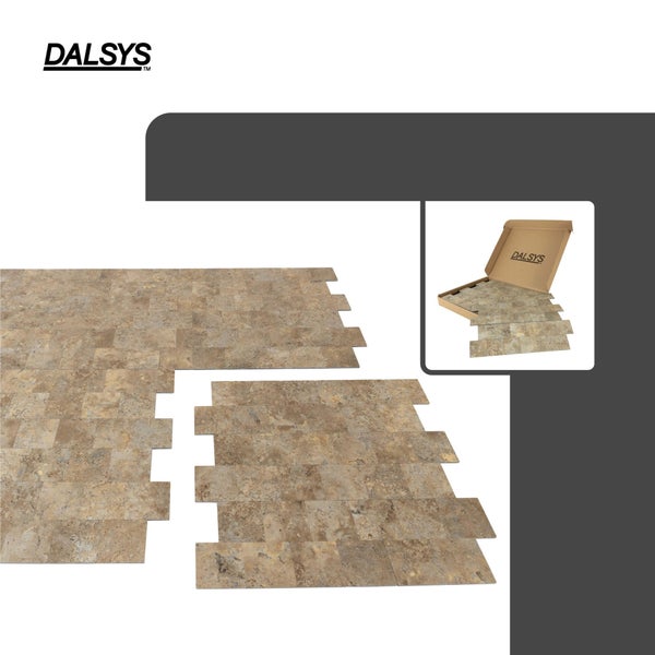 Dalsys selbstklebende Wandfliesen in Steinoptik mit Verlegemuster und Dalsys Logo auf der Verpackung.