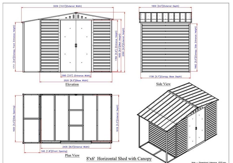 Technische Zeichnung eines Metall-Gartenhauses mit Vordach, zeigt Maße in Millimetern für die Vorderansicht, Seitenansicht und den Grundriss.