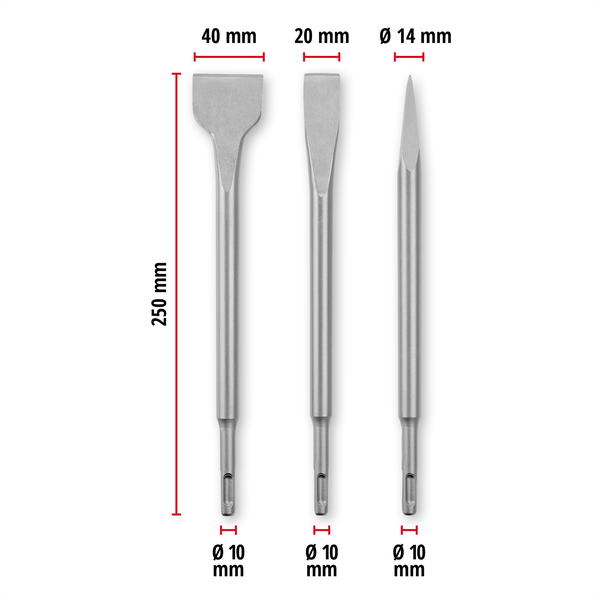 Original Einhell 3-tlg. SDS Plus Meißel-Set, 250 mm (mit Spitzmeißel, 20 mm breitem Flachmeißel, und 40 mm breitem Spatmeißel aus langlebigem 40Cr Stahl für Abbruch- und Renovierungsarbeiten)