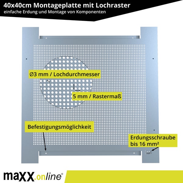 Montageplatte 40x40 cm mit Lochraster für einfache Erdung und Komponentenmontage