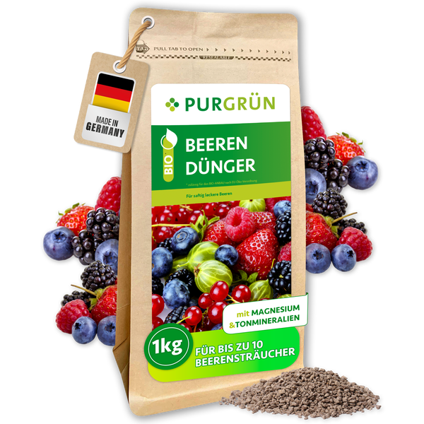Purgrün Bio Beerendünger 1 kg mit Magnesium und Tonmineralien für Beerensträucher, Hergestellt in Deutschland.