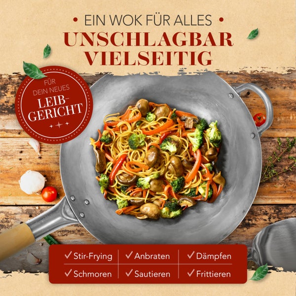 KRUSTENZAUBER 36cm Wokpfanne Induktion flacher Boden - Traditionelle Stahlwokpfanne mit Wokwender u. Wokring - Wok Pfanne, Wok Induktion, Woklette, Wok Zubehör, Carbon Steel Wok Karbonstahl