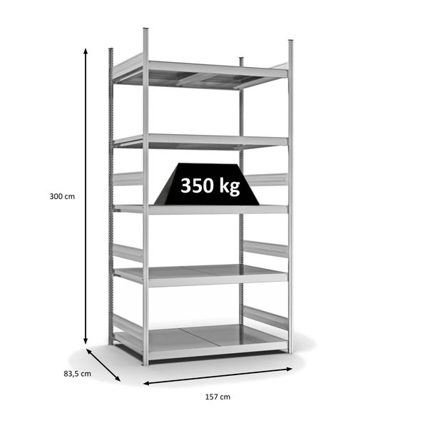 PROREGAL Weitspannregal Stecksystem T-Profil Grundregal HxBxT 300x150x80 cm 5 Ebenen Stahlplatten Fachboden Fachlast 350 kg Verzinkt