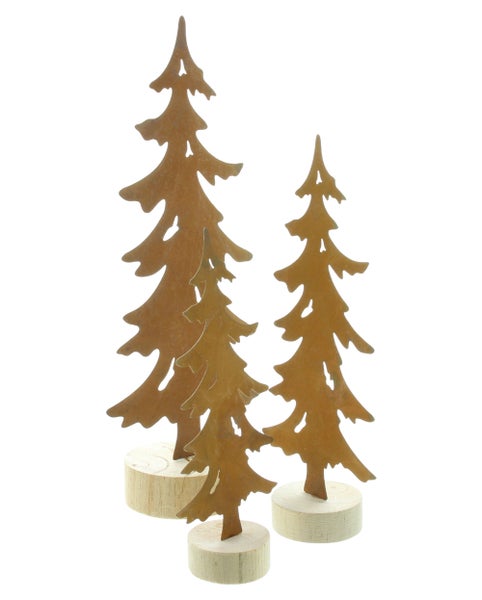 FRANK FLECHTWAREN | Metalldeko Tanne, 3er Set, 8 x 18 cm, 10 x 23 cm, 13,5 x 30 cm, METALL, HOLZ