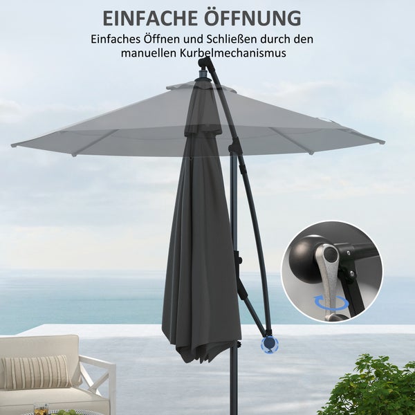 Outsunny Ampelschirm mit Kreuzfuß, mit Kurbel, Neigung und 8 Rippen, für Außenpool, Garten, Balkon,  Ø293 cm, Metall, Polyester, Grau