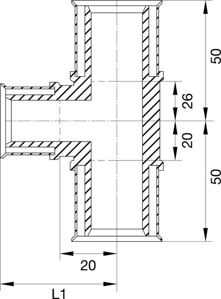 Technische Zeichnung eines T-Stücks mit den Maßangaben 50, 26 und 20.