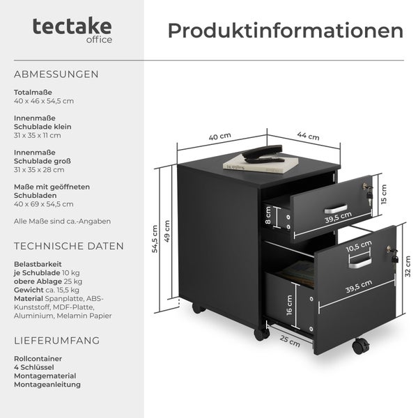 Rollcontainer tectake Vagur 40 x 44 x 54,5 cm mit 2 Schubladen für Dokumente im A4 Format schwarz