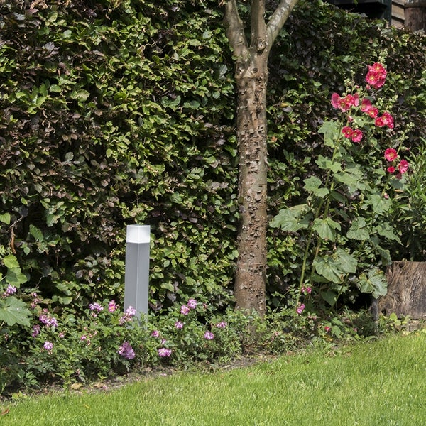 Moderne, quadratische Wegeleuchte in einem Gartenbeet mit Blumen vor einer dichten Hecke.