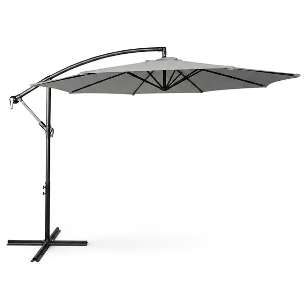 Grauer Ampelschirm mit schwarzem Metallgestell und Kreuzfuß für Garten und Terrasse.