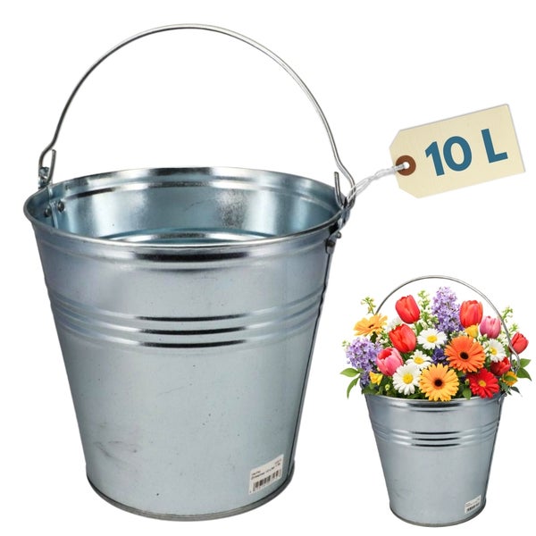Metallischer Eimer mit Tragegriff und einem Fassungsvermögen von 10 Litern, zusätzlich ein Eimer gefüllt mit Blumen