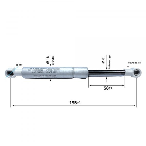 Gasdruckfeder: Länge 195 Millimeter, Hub 58 Millimeter, Zylinder 18 Millimeter, Kolbenstange 8 Millimeter, Gewinde M6, Kraft 320 Newton.