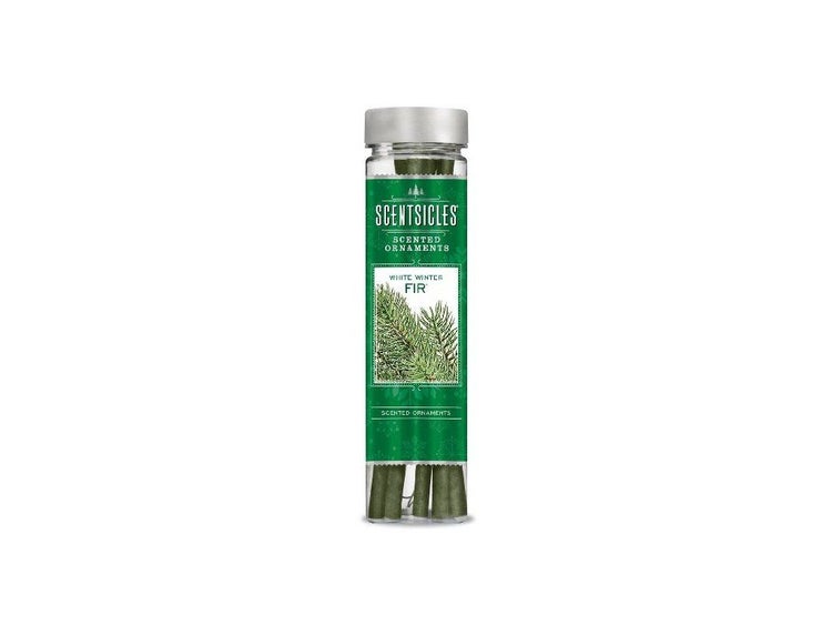 Dose mit Scentsicles Duftornamenten in der Sorte White Winter Fir für Weihnachtsbaumdekoration.
