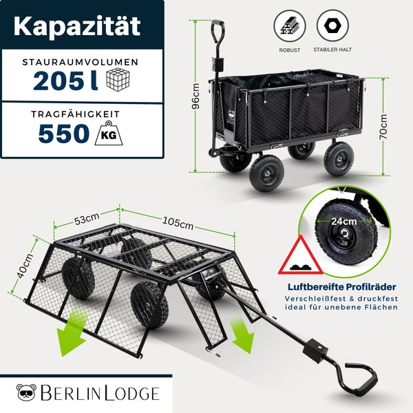 Berlin Lodge Bollerwagen mit 205 Liter Volumen, 550 Kilogramm Tragkraft, klappbaren Seiten und Luftreifen. Maße 105 mal 53 mal 70 Zentimeter.