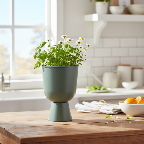 Grüner Blumentopf auf einem Standfuß mit Basilikum und Gänseblümchen auf einem Holztisch in einer hellen Küche.