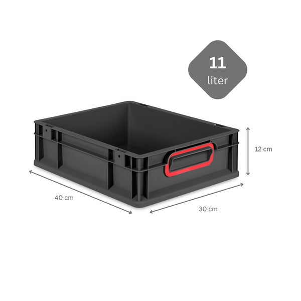 PROREGAL SparSet 5x Eurobox NextGen Color, HxBxT 12x30x40cm, 11 Liter, Griffe rot geschlossen, Schwarz, Eurobehälter, Transportbox, Transportbehälter, Stapelbehälter