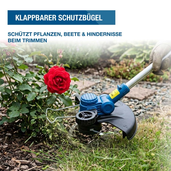 Rasentrimmer mit klappbarem Schutzbügel schützt Pflanzen und Beete beim Trimmen von Rasenkanten im Garten.