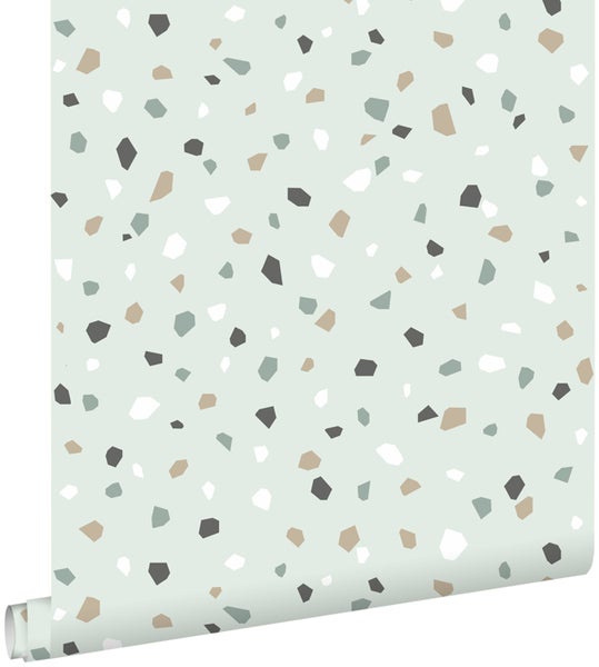 ESTAhome Tapete Terrazzo-Motiv Mintgrün, Weiß und Grau - 0,53 x 10,05 m - 139036