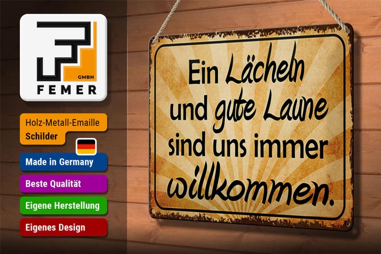 Blechschild Spruch 30x20cm Lächeln gute Laune willkommen