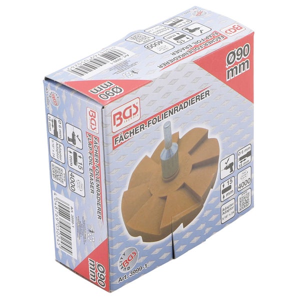 Verpackung eines BGS Technic Fächerscheiben-Radierers mit 90 Millimeter Durchmesser