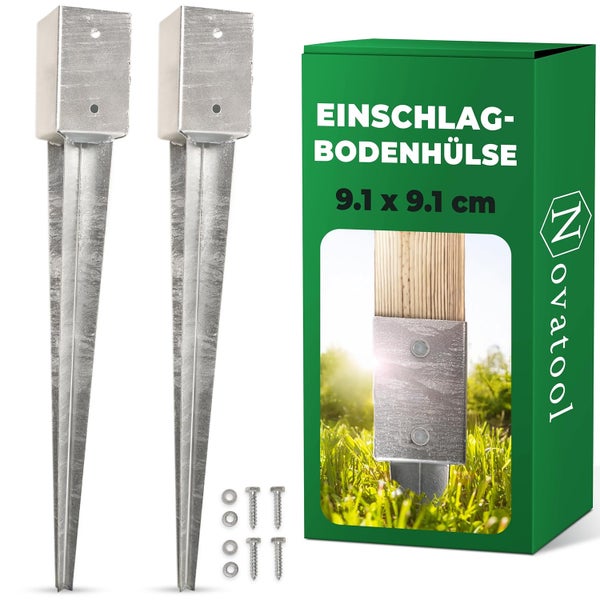 Novatool Einschlag-Bodenhülsen Set, 9,1 mal 9,1 Zentimeter, verzinkter Stahl, inklusive Schrauben und Unterlegscheiben, Novatool Logo.