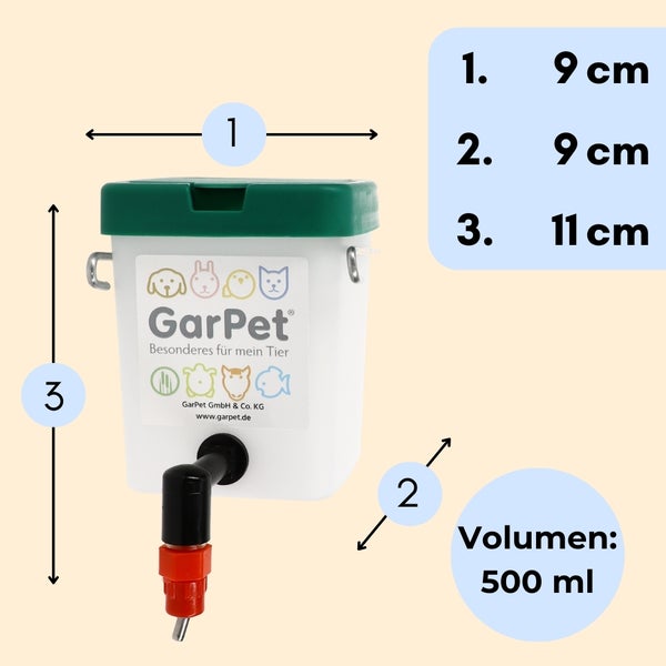 GarPet Tier-Tränke, mit Größenangaben: 9 cm Breite, 9 cm Tiefe, 11 cm Höhe, 500 ml Volumen