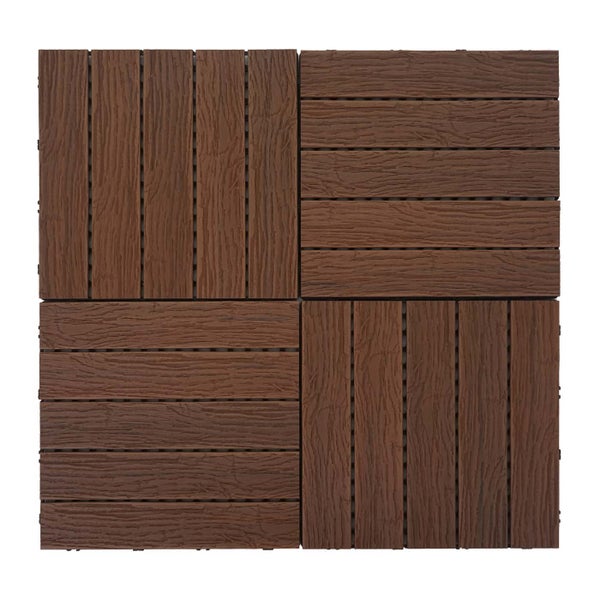 WPC-Klickfliese für Terrasse und Balkon mit Holzmaserung in dunklem Braun, quadratisches Format.