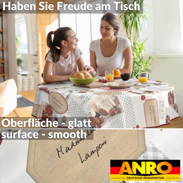 Tischdecke mit Obstmuster, zwei Frauen am Tisch und ANRO Deutsche Manufaktur Logo